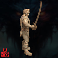 Digital render of the Noble Lord Renaer Neverember 32mm miniature — unpainted resin-coloured sculpt shown in right-side profile, curved longsword held in a guard position, subtly pointed ears and defined facial features visible, flowing shoulder wrap clearly detailed, by Monster Atlas