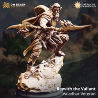 Digital render of Reyvith the Valiant, an unpainted elven warrior miniature in a wide lunging stance, dual crescent blades extended, billowing cloak behind him, mounted on a craggy rock scenic base — from DM Stash's Elves of the Golden Sun collection