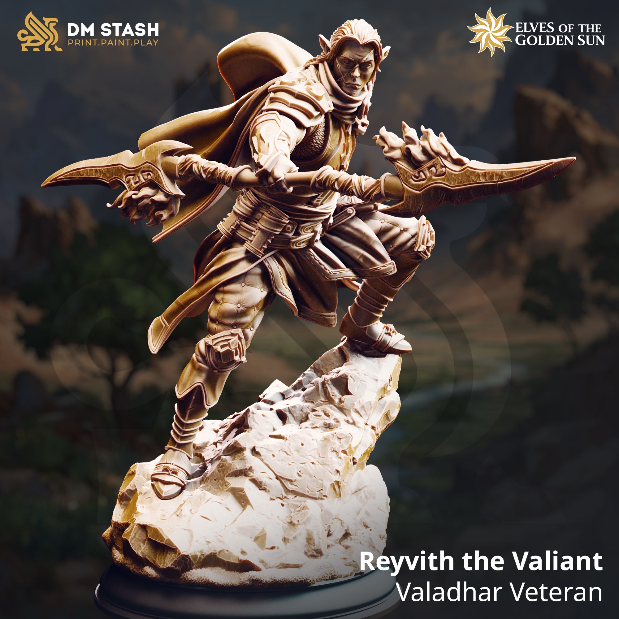 Digital render of Reyvith the Valiant, an unpainted elven warrior miniature in a wide lunging stance, dual crescent blades extended, billowing cloak behind him, mounted on a craggy rock scenic base — from DM Stash's Elves of the Golden Sun collection
