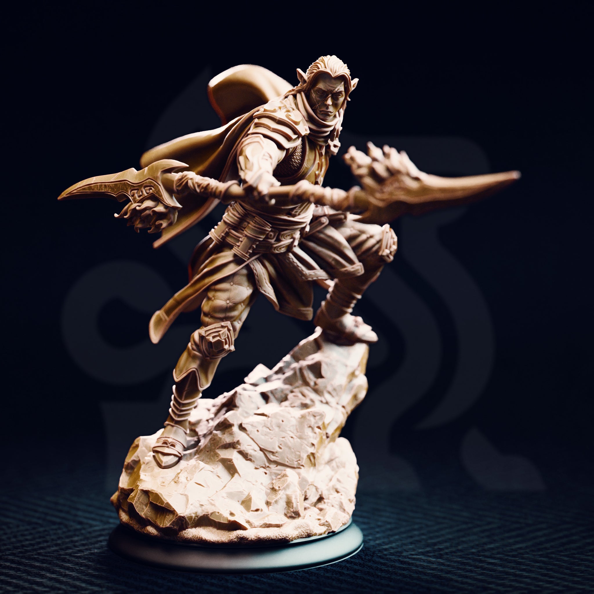 Photograph of the printed Reyvith the Valiant miniature, unpainted grey resin, showing the dual-blade lunging pose in close detail — elven features, chainmail and leather armour, sweeping cloak, and scenic stone base clearly visible at 32mm scale