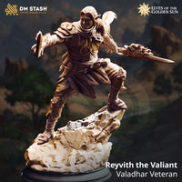 Digital render of a second pose variant of Reyvith the Valiant, an unpainted elven fighter miniature advancing forward with a short sword raised and buckler arm extended, wearing layered scout armour, on a detailed rock outcrop base — Elves of the Golden Sun by DM Stash
