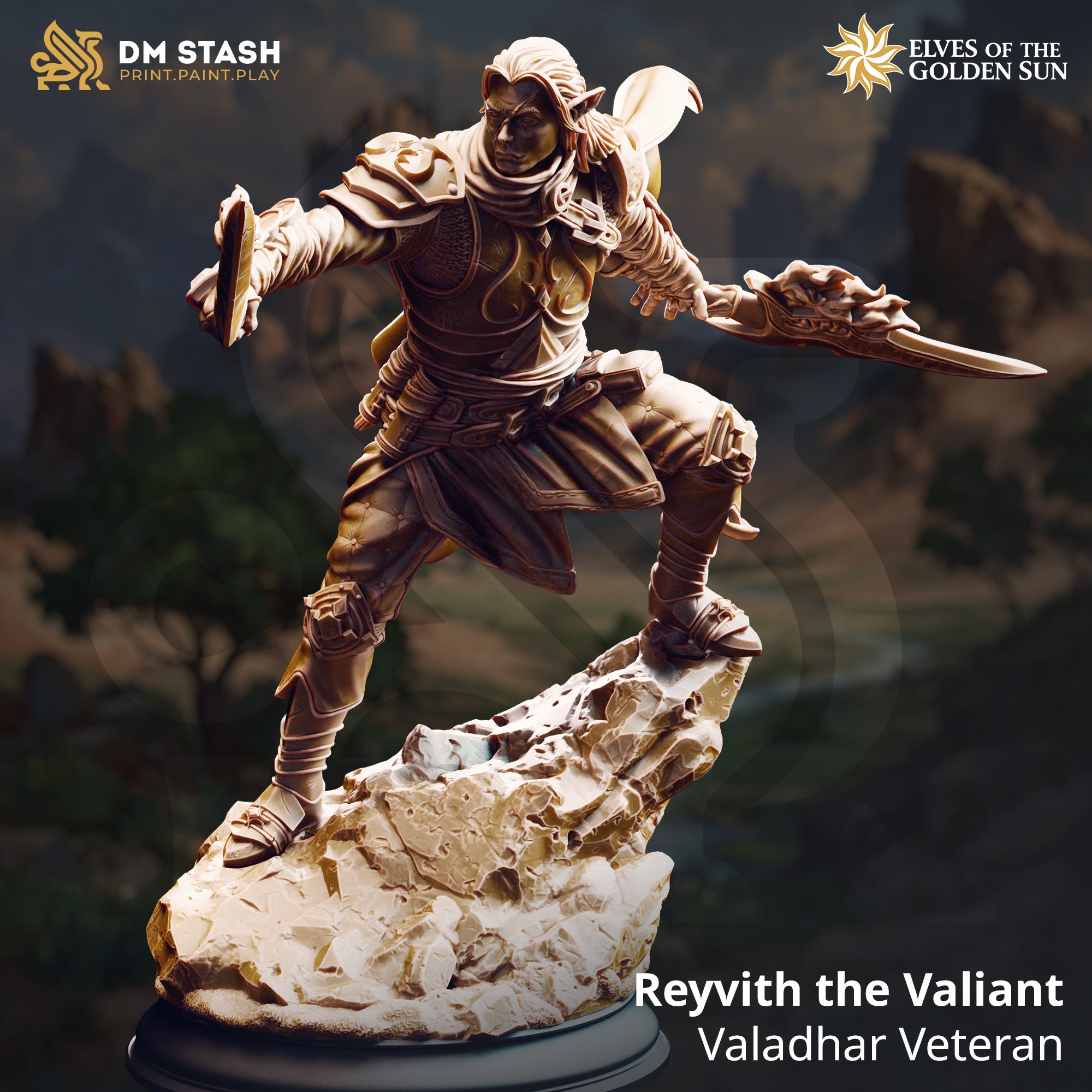 Digital render of a second pose variant of Reyvith the Valiant, an unpainted elven fighter miniature advancing forward with a short sword raised and buckler arm extended, wearing layered scout armour, on a detailed rock outcrop base — Elves of the Golden Sun by DM Stash