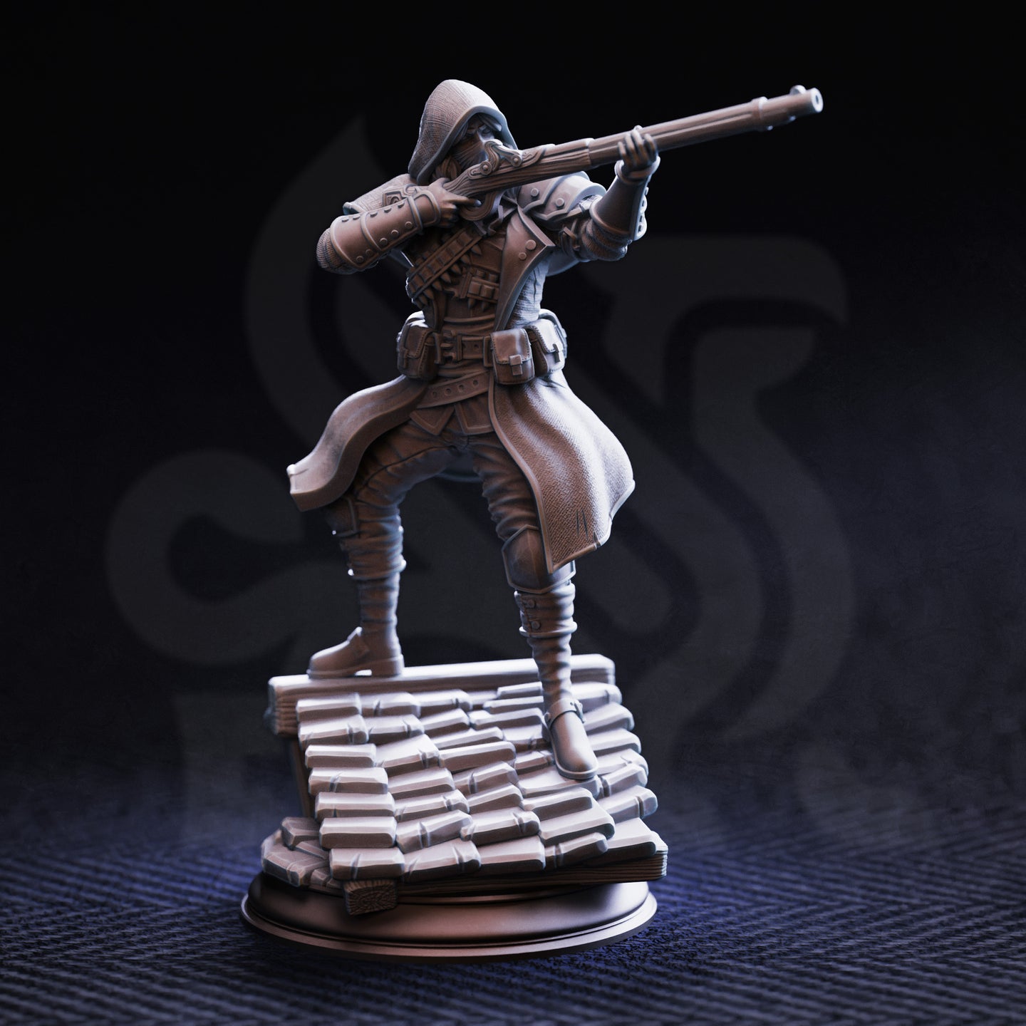 Front three-quarter view of unpainted grey resin Richard Sharpey Pointer miniature — cloaked rogue with bandolier and belt pouches aiming a long musket, detailed rooftop tile scenic base, 32mm scale