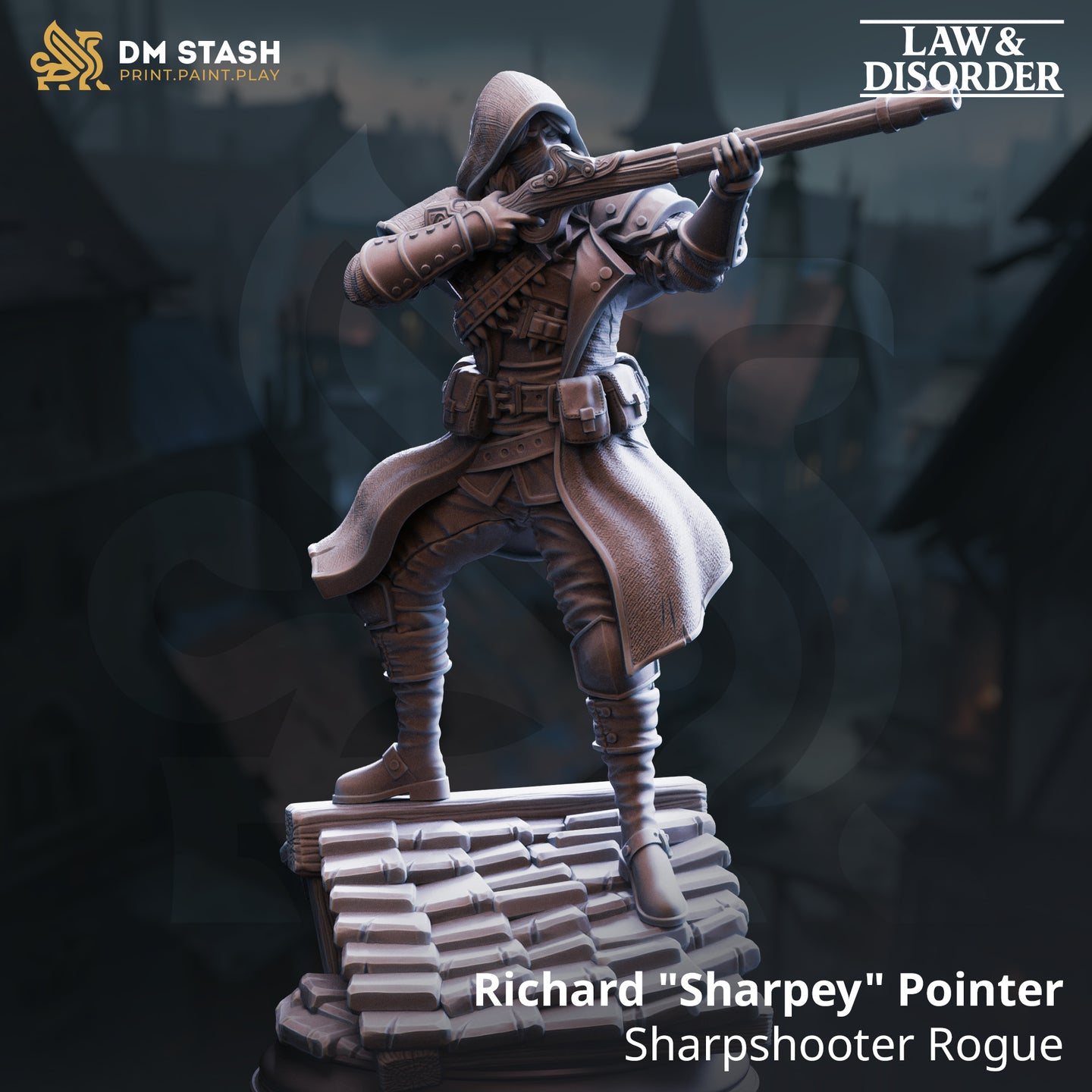 Digital render of Richard Sharpey Pointer sharpshooter rogue miniature — hooded figure in long coat raising a flintlock musket to his masked face, standing on a rooftop tile base, unpainted grey resin, from DM Stash Law and Disorder range