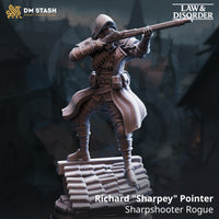 Digital render of Richard Sharpey Pointer sharpshooter rogue miniature — hooded figure in long coat raising a flintlock musket to his masked face, standing on a rooftop tile base, unpainted grey resin, from DM Stash Law and Disorder range
