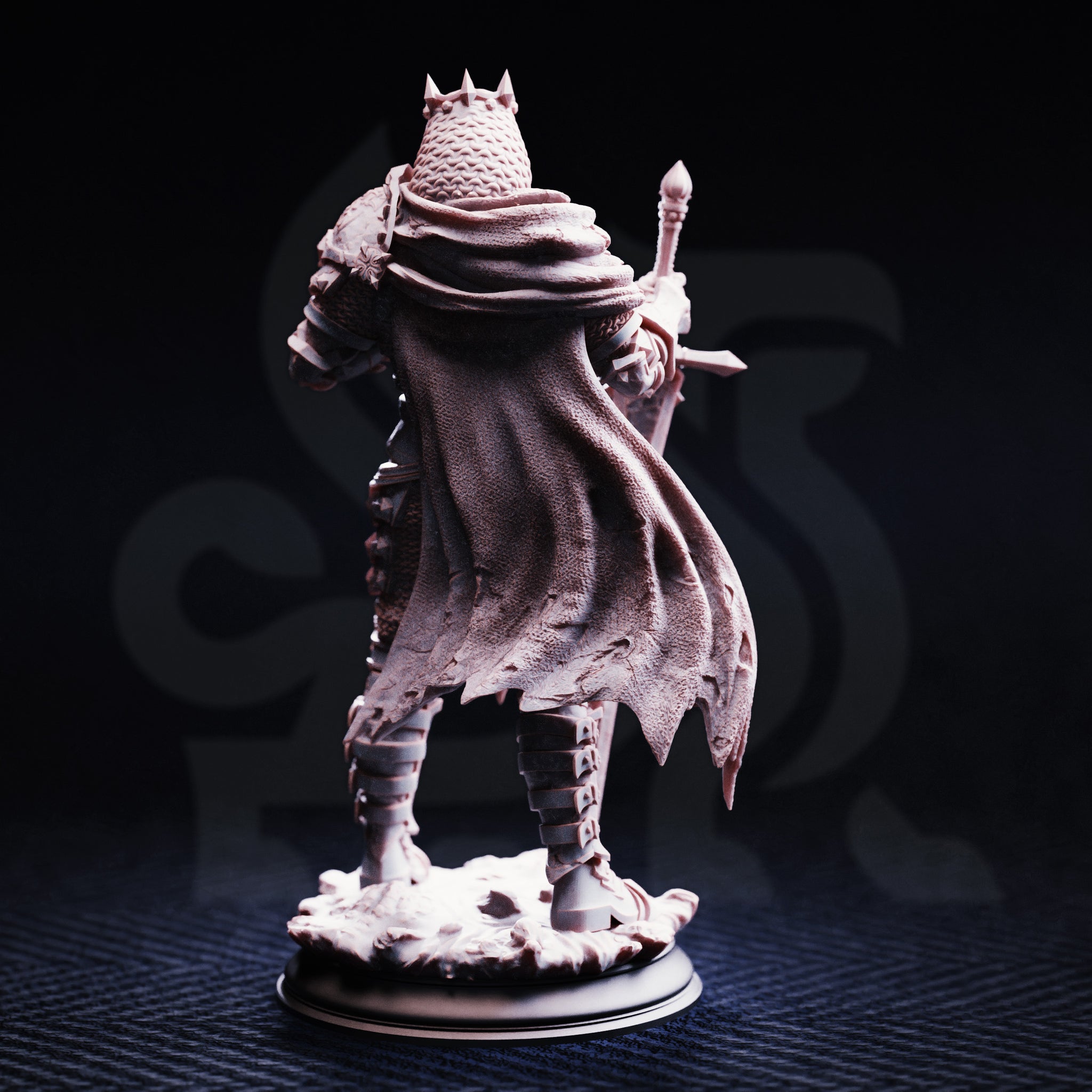 Unpainted grey resin miniature of Ridan the Everlasting — rear view showing the intricate texture of the billowing tattered cloak, chainmail back plate, and spiked crown. Photographed on a dark background.