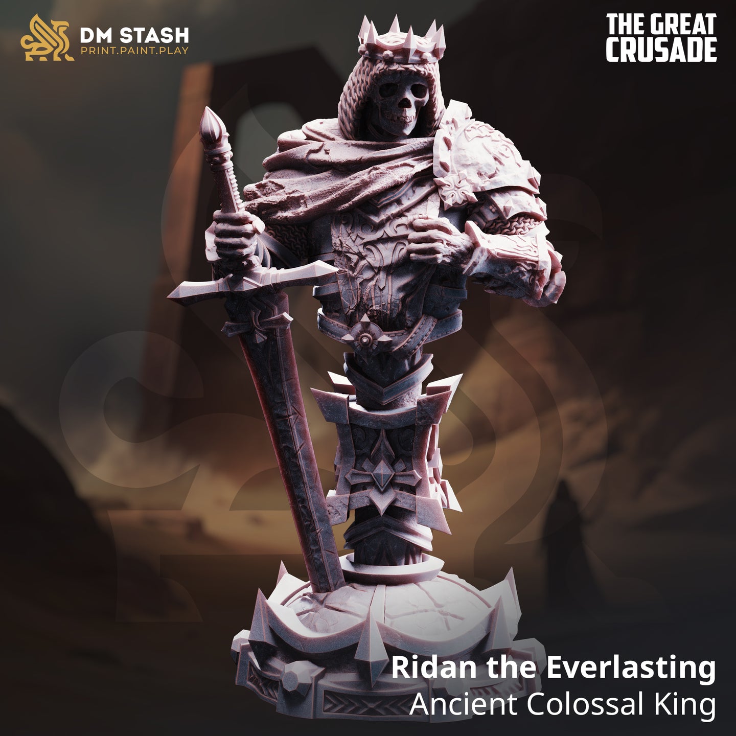 Digital render of Ridan the Everlasting unpainted resin bust — an ancient undead king in ornate plate armour with a spiked crown, tattered fur-lined cloak, and a great sword held point-down before him, on a cracked decorative base