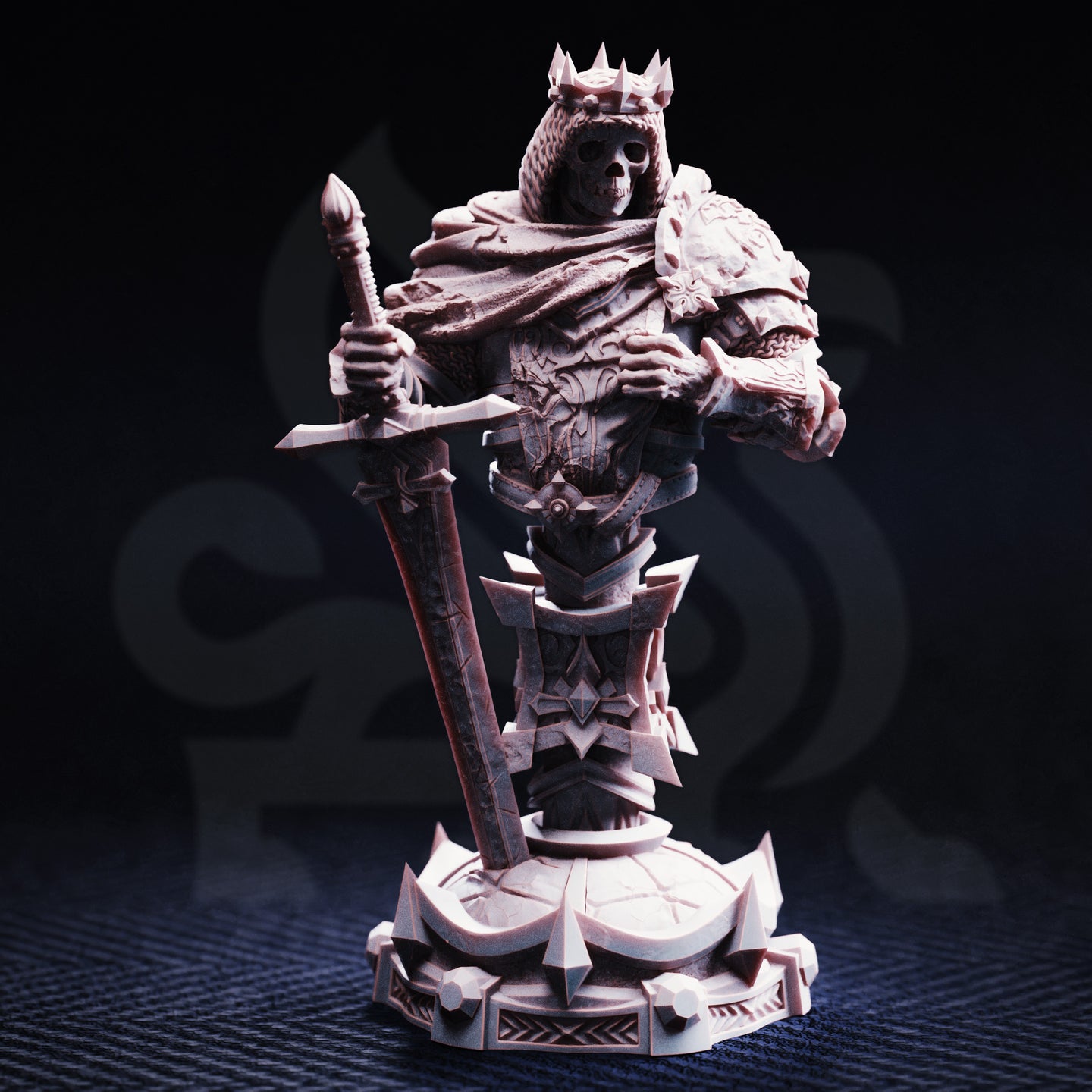 Front view of unpainted grey resin bust of Ridan the Everlasting — skeletal face with hollow eye sockets beneath a spiked crown, armour engraved with heraldic geometric detail, fur-lined cloak, and a large sword resting against the base