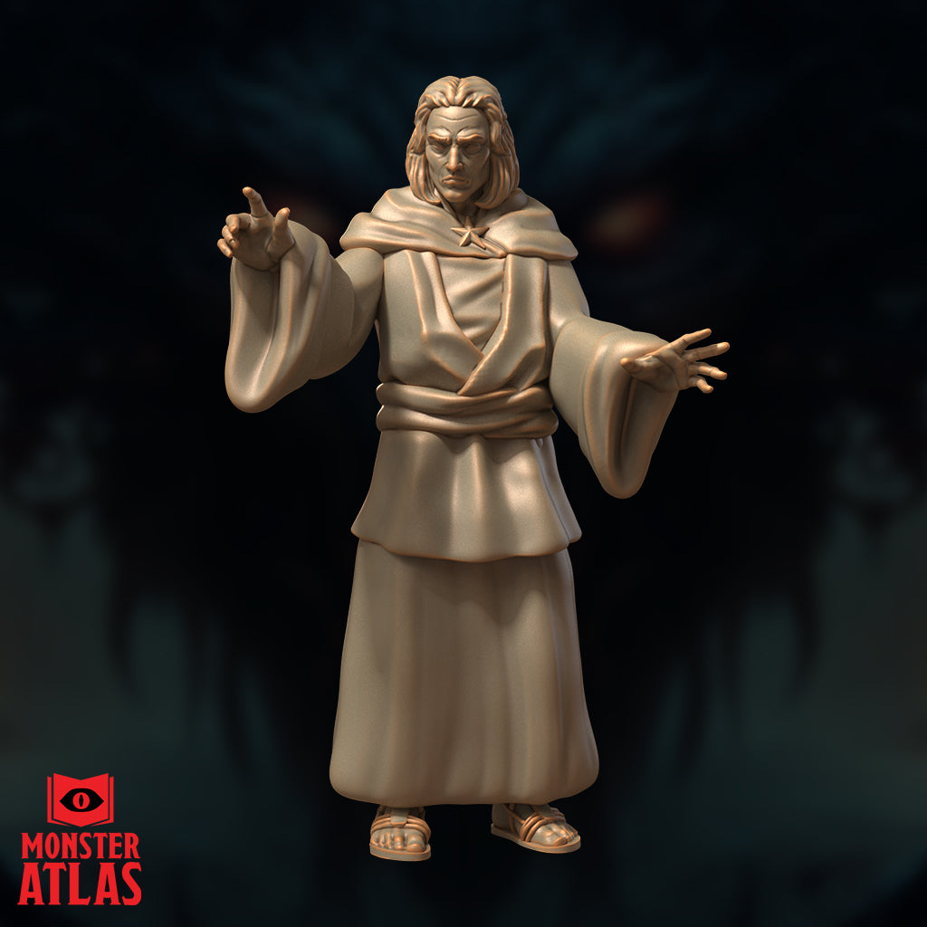 Robed male human figure with both arms raised — one hand pointing two fingers upward, one hand outstretched with splayed fingers. Long hair, star amulet at chest, layered cowl and floor-length robes, sandalled feet. Sculpt by Monster Atlas.
