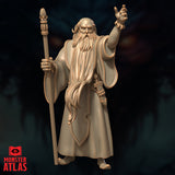 Front-facing digital render of Ringlerun wizard miniature by Monster Atlas — elderly bearded mage in long robes, staff raised in left hand, right arm extended with fingers splayed mid-incantation, 32mm scale