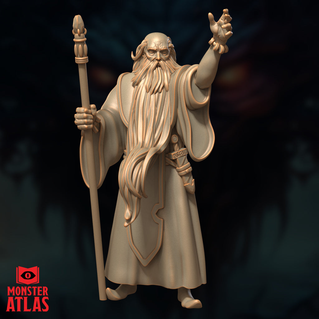 Front-facing digital render of Ringlerun wizard miniature by Monster Atlas — elderly bearded mage in long robes, staff raised in left hand, right arm extended with fingers splayed mid-incantation, 32mm scale