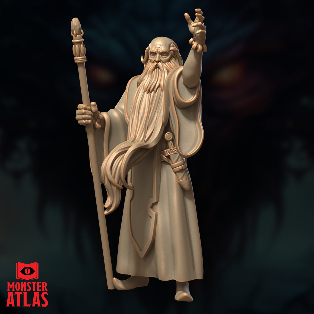 Three-quarter view digital render of Ringlerun wizard miniature — showing flowing white beard, ornate belt with runes, and detailed staff finial, unpainted resin-coloured sculpt against dark background