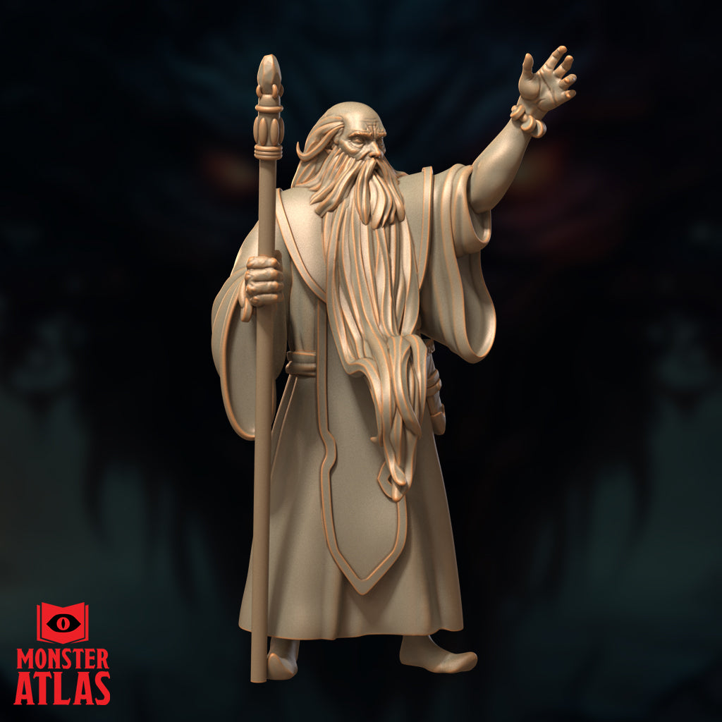 Side-angled digital render of Ringlerun wizard miniature — full body view showing robes in heavy folds, bare feet, raised arm and staff pose, Monster Atlas sculpt in tan render colour