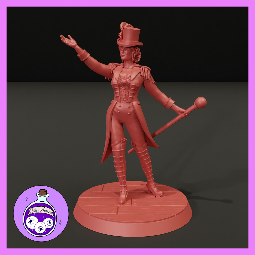 Female ringmaster in tailcoat, corset, and top hat, one arm outstretched in a grand gesture, holding a cane at her side, standing on a stage-plank scenic base. Sculpt by Ella's Arcanum Minis.