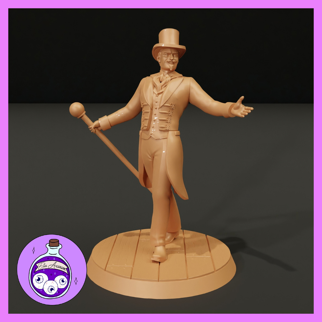 Ringmaster miniature standing with one arm outstretched and a globe-topped cane at his side, wearing a top hat, frock coat, buttoned waistcoat, and cravat, mounted on a decorative wooden-plank stage base. Sculpt by Ella's Arcanum Minis.
