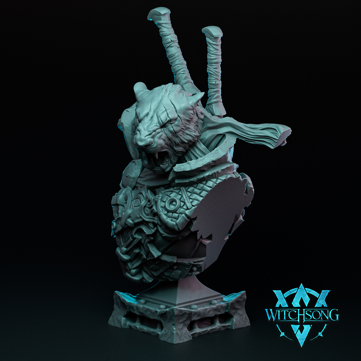 Digital render of Roarenna Pridemother bust by Witchsong Miniatures — unpainted grey resin colourway showing a snarling tabaxi female warrior with twin blades crossed at her back, heavy engraved plate armour, a flowing cloak, and an ornate display plinth with decorative edging