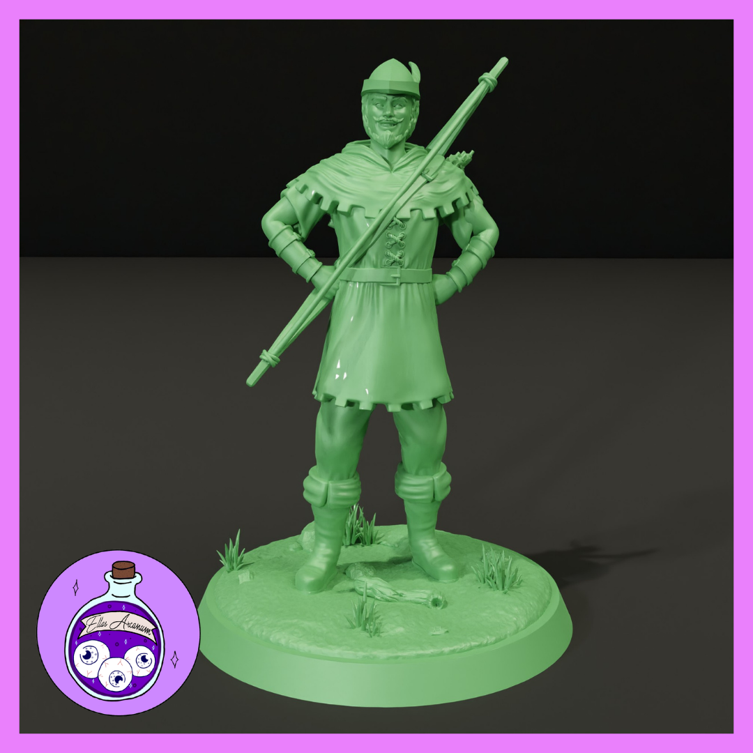 32mm scale green resin digital render of a Robin Hood miniature by Ella's Arcanum Minis — a confident bearded human male in a serrated-hem cape, armoured shoulders, half-helm, and knee-high boots, carrying a quarterstaff across one shoulder with one hand on his hip, standing on a detailed oval base with grass tufts and scattered stones