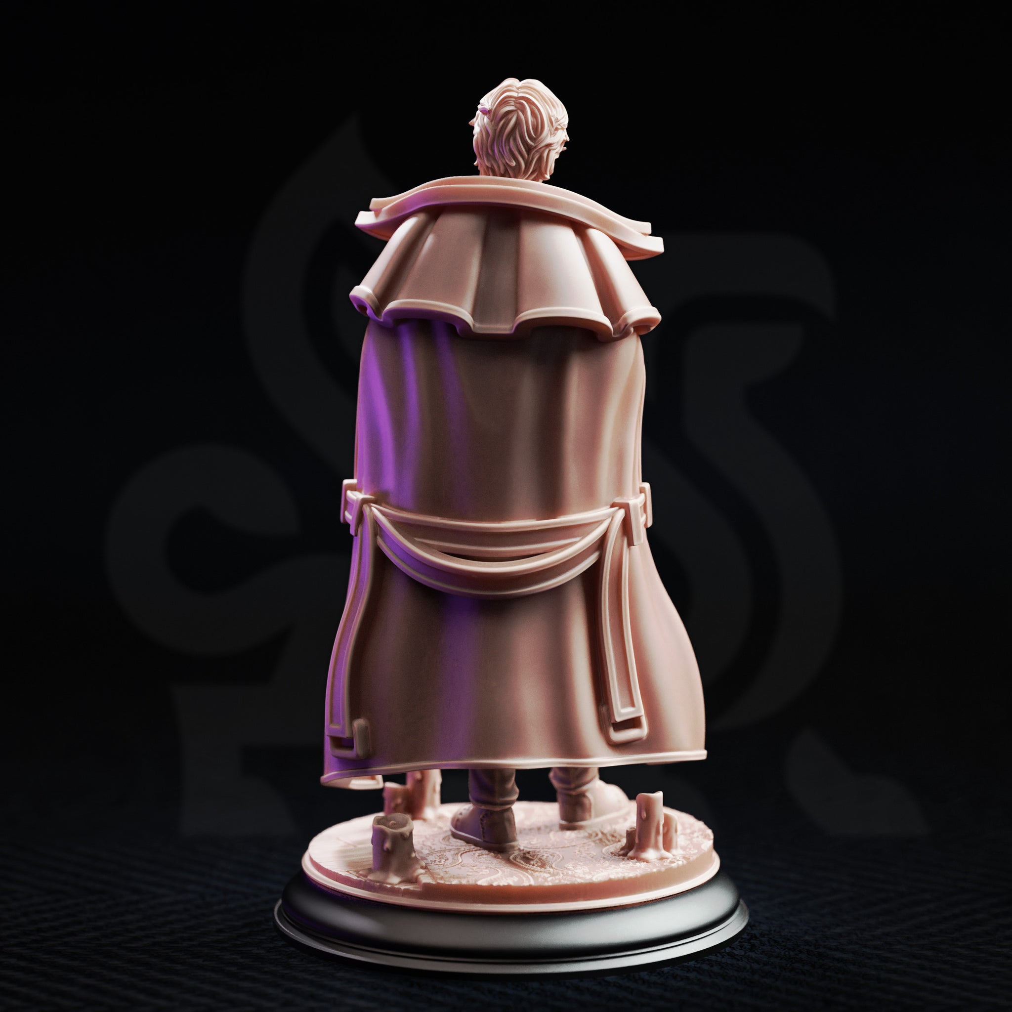 Robin Presner Student of Conjuration 32mm resin miniature by DM Stash — rear view of an unpainted grey resin figure showing the detailed layered academic cape with structured trim, belted sash, and flowing fabric, on a scenic candle-stub base