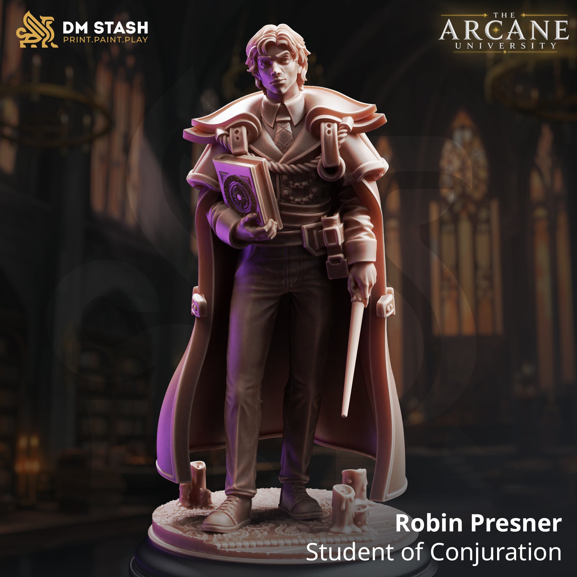 Robin Presner Student of Conjuration 32mm resin miniature by DM Stash — digital render showing the front of an unpainted figure in a long layered academic cape, holding a conjuration spellbook with arcane seal and a slender wand, set against a candlelit hall background
