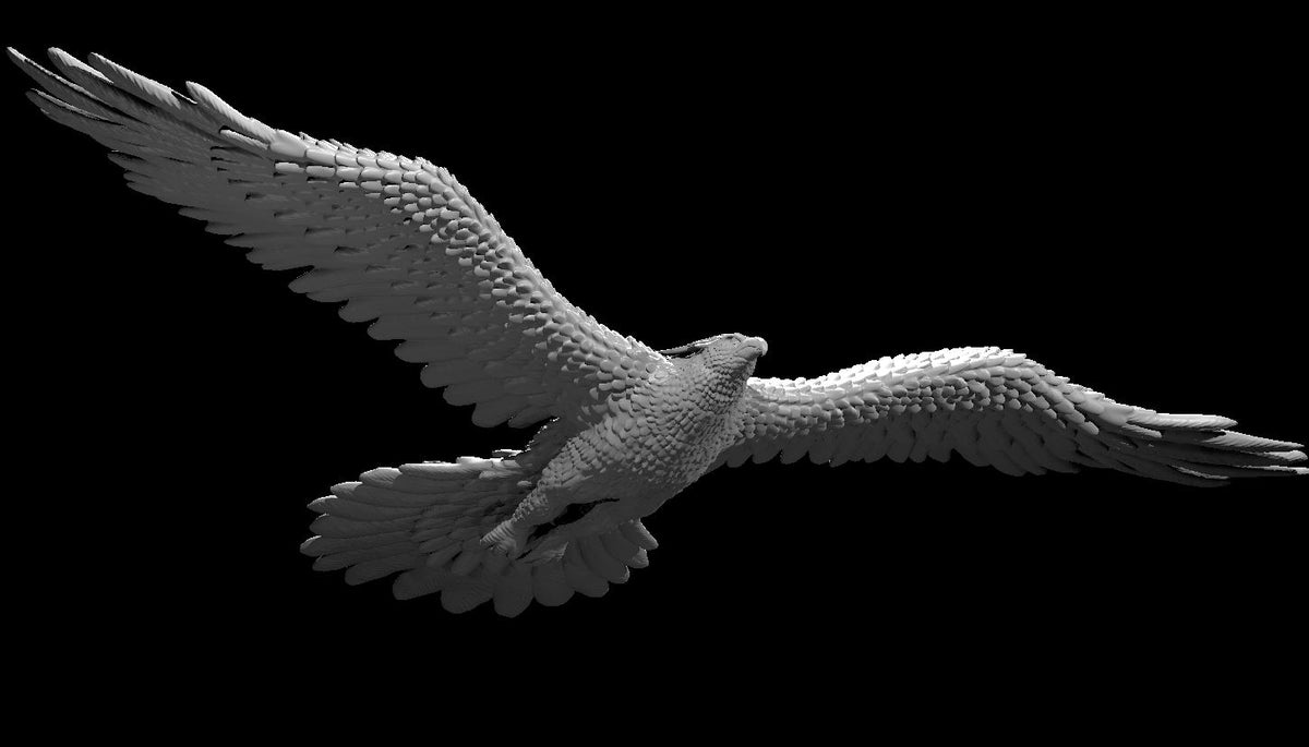 Roc miniature sculpt by MZ4250 — a large raptor with wings fully spread in a hunting stoop, beak open, talons fanned, individual feathers layered across the primaries and coverts.