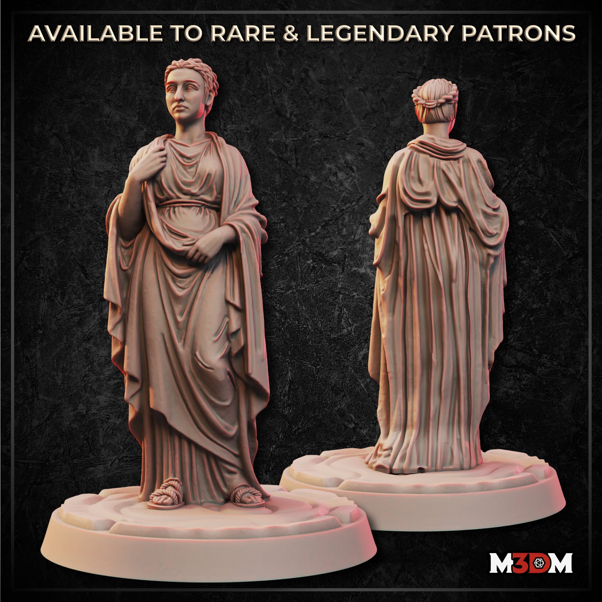 Digital render of the Roman Lady Noble miniature showing front and back views — an unpainted classical Roman noblewoman in layered stola and palla, hair pinned in a Roman style, wearing sandals, mounted on a textured oval base