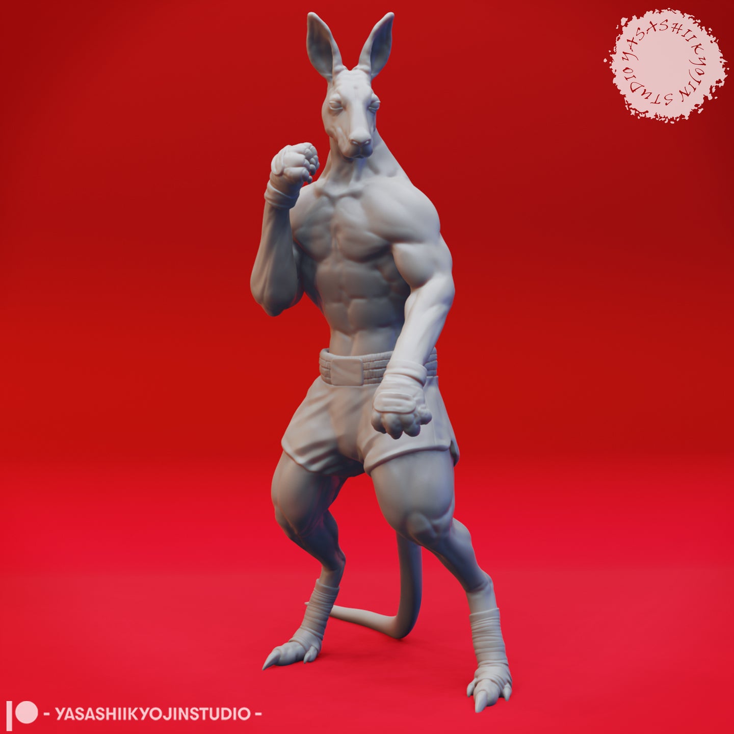 Digital render of an unpainted grey kangaroo-folk boxer miniature in a fighting stance, fists raised in guard position, wearing shorts and hand wraps, viewed from the front-left angle — Aussie-Folk 04 by Yasashii Kyojin Studios