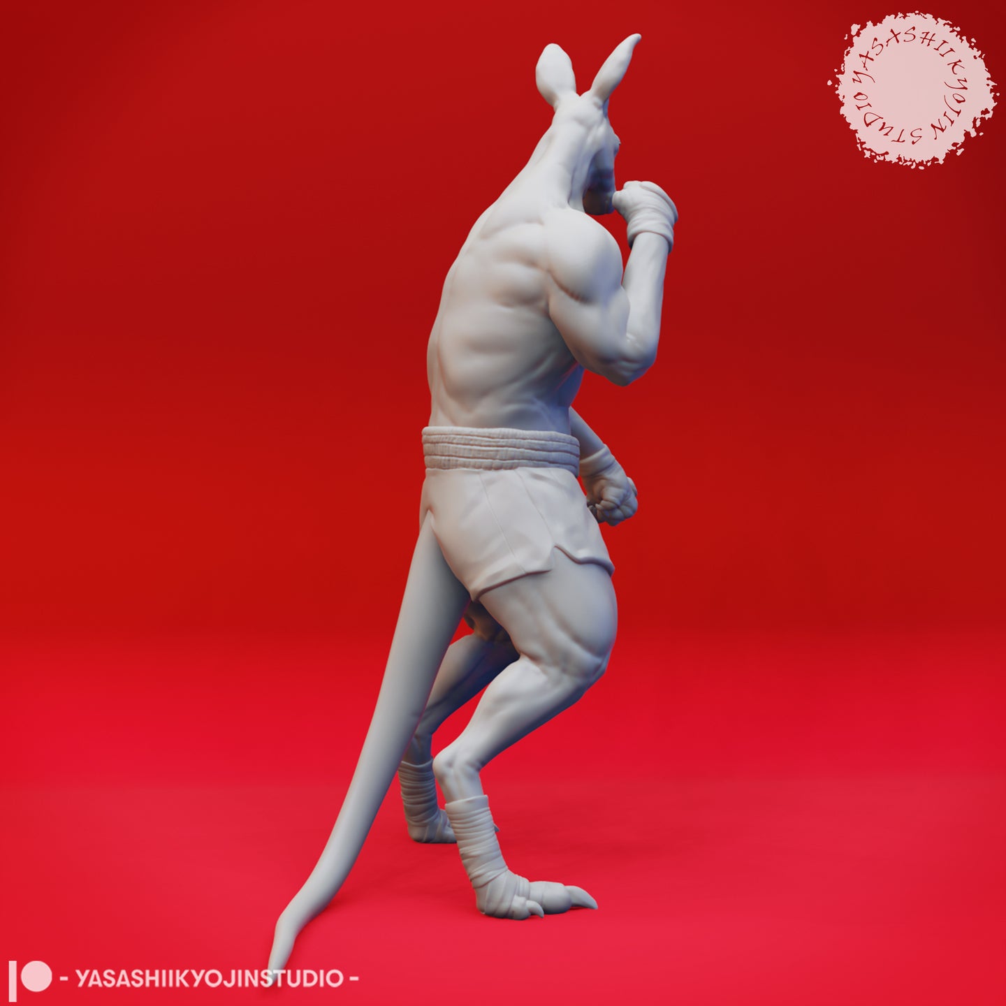 Digital render of an unpainted grey kangaroo-folk boxer miniature shown from the rear-right, long tail visible and raised guard clear, sculpted musculature and hand wraps detailed — Aussie-Folk 04 by Yasashii Kyojin Studios