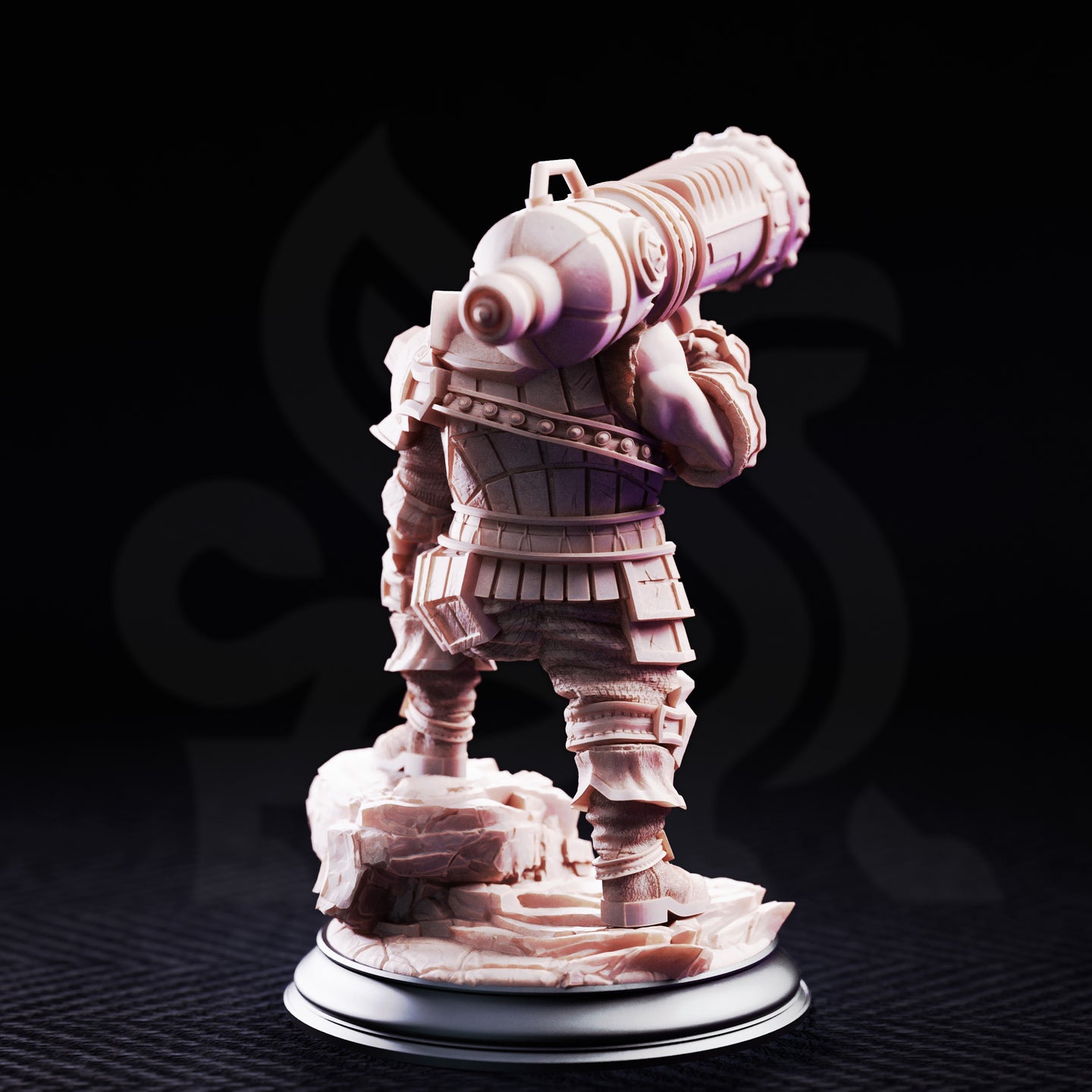 Stocky dwarf miniature shouldering a massive iron cannon, wearing layered plate armour with knotwork engravings, full beard, goggles above brow, rocky scenic base. Sculpt by DM Stash.