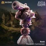 Rear-facing view of Rook bust by DM Stash — back armour plates with riveted straps, the cannon breech visible over the shoulder, and the stepped octagonal knotwork base below.