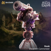 Rear-facing view of Rook bust by DM Stash — back armour plates with riveted straps, the cannon breech visible over the shoulder, and the stepped octagonal knotwork base below.