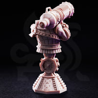 Dwarven cannoneer bust by DM Stash — broad-bearded dwarf hoisting a massive ribbed cannon on one fist, wearing knotwork-engraved armour, on a Celtic plinth base.
