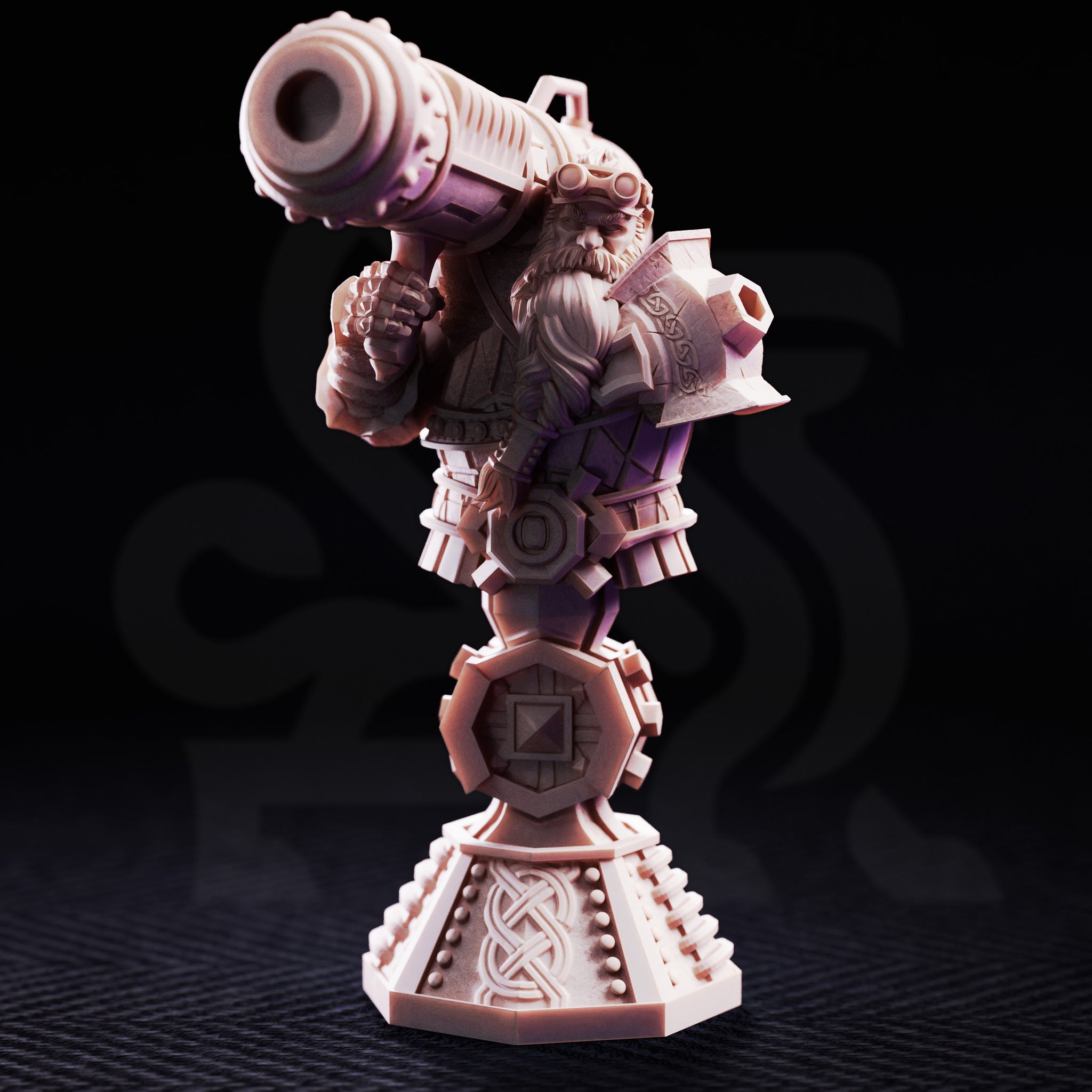 DM Stash Rook bust — three-quarter view showing the dwarf's flowing beard, goggled brow, layered pauldron with runic detail, and the full length of the banded cannon barrel.