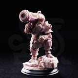 Dwarven cannoneer miniature gripping a large shoulder-mounted cannon with both hands, heavy segmented plate armour with pauldrons and bracers, standing on a craggy rocky base. By DM Stash.