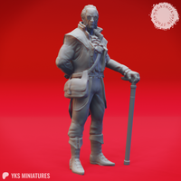 Front view of an unpainted grey resin miniature of Rudolph van Richten — an older male human in a long coat with a leather satchel, tinted spectacles, swept white hair, and a cane, at 32mm scale