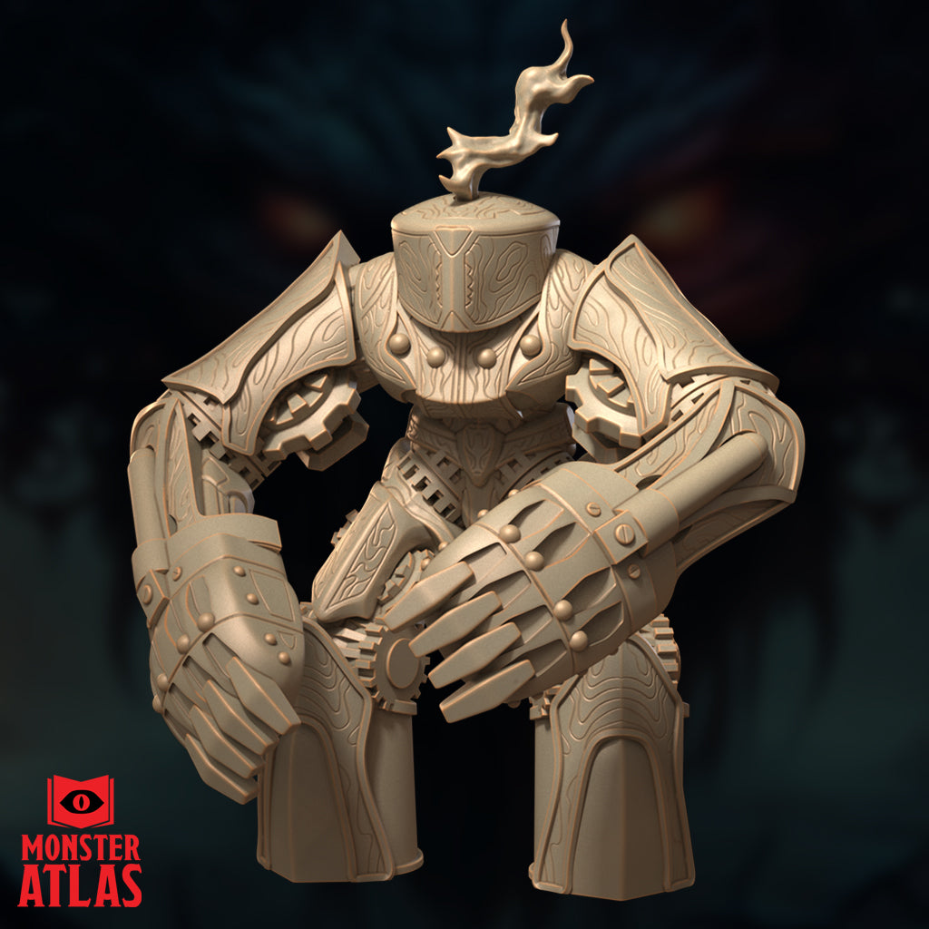 Ruin Grinder resin miniature by Monster Atlas — front-facing digital render showing a bulky armoured construct with a cylindrical barrel head crowned by an arcane flame, broad gear-flanked pauldrons, flowing rune engravings across the torso and arms, and massive segmented gauntlet fists held low in a looming posture