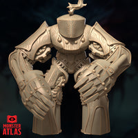 Ruin Grinder construct miniature — close-up front render highlighting the detailed mechanical chest armour, layered rune-etched pauldrons with gear detailing, interlocking segmented finger plates on both enormous fists, and the flame atop the barrel-shaped head