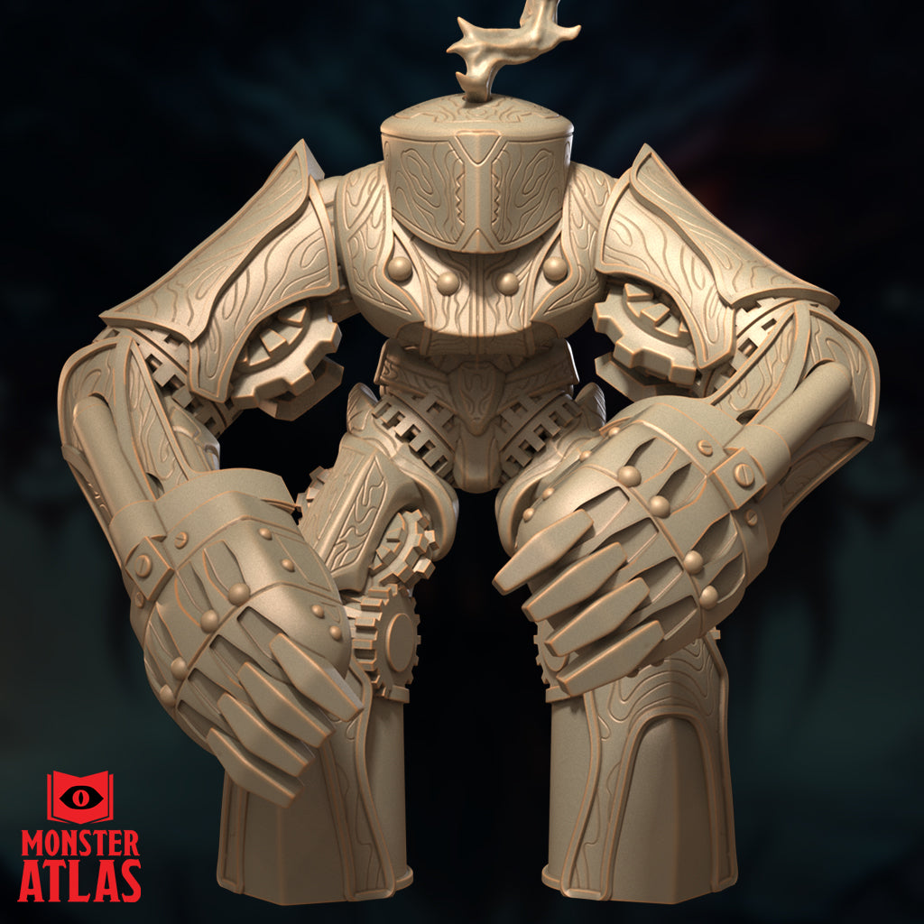 Ruin Grinder construct miniature — close-up front render highlighting the detailed mechanical chest armour, layered rune-etched pauldrons with gear detailing, interlocking segmented finger plates on both enormous fists, and the flame atop the barrel-shaped head