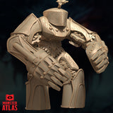 Ruin Grinder tabletop miniature — three-quarter angle digital render showing the right side profile of the construct, revealing the depth of the shoulder armour, articulated arm joints with gear mechanisms, engraved organic patterning across the back and flanks, and the arcane flame crown from a lower perspective