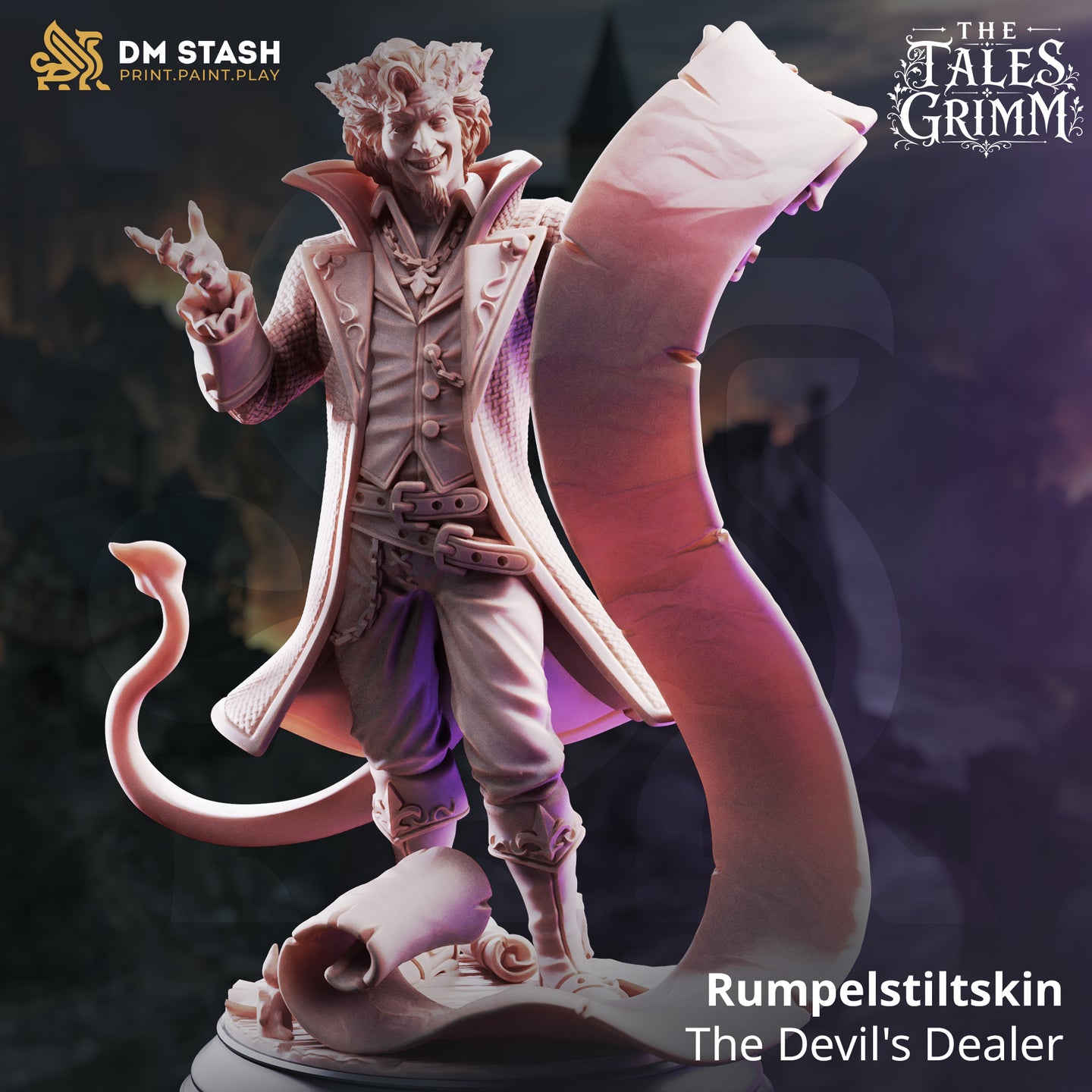 Rumpelstiltskin Devil's Dealer by DM Stash — rear view revealing the textured weave of the long coat, curling devil tail, both arms raised with the large scroll extending high overhead, and the base scattered with smaller rolled documents and figurines.