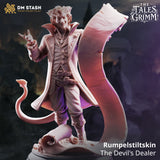 Rumpelstiltskin Devil's Dealer by DM Stash — rear view revealing the textured weave of the long coat, curling devil tail, both arms raised with the large scroll extending high overhead, and the base scattered with smaller rolled documents and figurines.