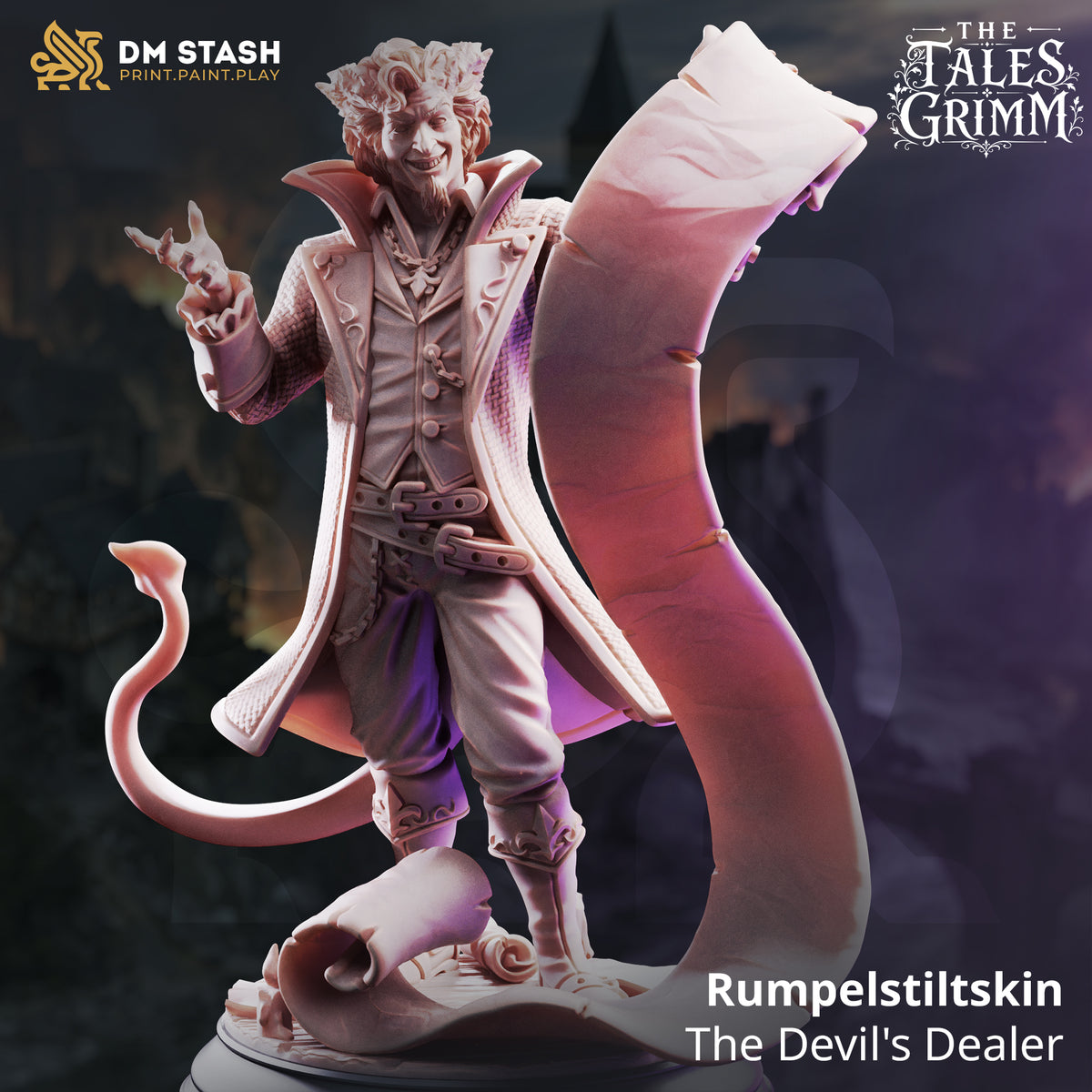 Rumpelstiltskin Devil's Dealer by DM Stash — rear view revealing the textured weave of the long coat, curling devil tail, both arms raised with the large scroll extending high overhead, and the base scattered with smaller rolled documents and figurines.