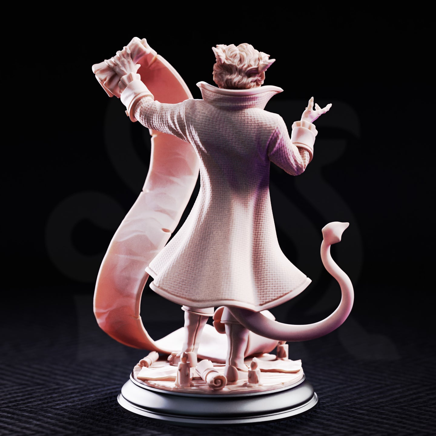 Rumpelstiltskin Devil's Dealer by DM Stash — grinning fiendish figure in a long ornate coat, one clawed hand raised, enormous unfurled contract scroll rising behind him, devilish tail curling at his side, scrolls scattered across the scenic base.