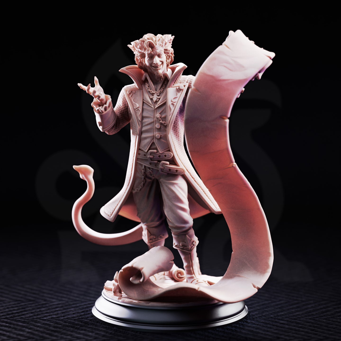 Rumpelstiltskin Devil's Dealer by DM Stash — front-facing view showing the full detail of the buttoned coat with decorative flourishes, the wide grinning expression, raised clawed fingers, and the towering worn contract scroll sweeping dramatically behind the figure.