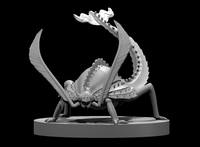 Rust Monster miniature by MZ4250 — six-legged insectoid creature crouched low, broad chitinous body with dorsal spines, wide feathered antennae, and a sweeping segmented tail curling upward and tipped with a fan-shaped corroding appendage.