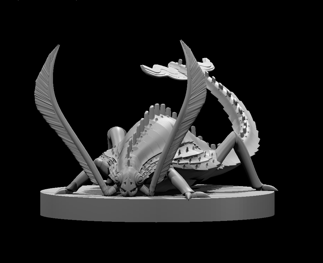 Rust Monster miniature by MZ4250 — broad segmented carapace with dorsal spines, wide fan-like wings, curved swept antennae, and a paddle-tipped tail raised overhead. Six legs in a low prowling crouch on a plain round base.