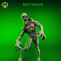Digital render of a Rutterkin miniature by The Toadstool Weaver — an unpainted grey resin 32mm tabletop figure depicting a gaunt humanoid demon in a hunched, lunging pose with elongated clawed hands, exposed ribcage, and a wide-mouthed snarl, shown against a vivid green background