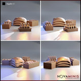 Four-angle digital render of the Novaminis Supplies 02 scatter terrain set showing the wooden crates, grain sack stack, and bottle tray from multiple perspectives, highlighting wood-grain texture, stitched sacking detail, and cork stoppers across all pieces