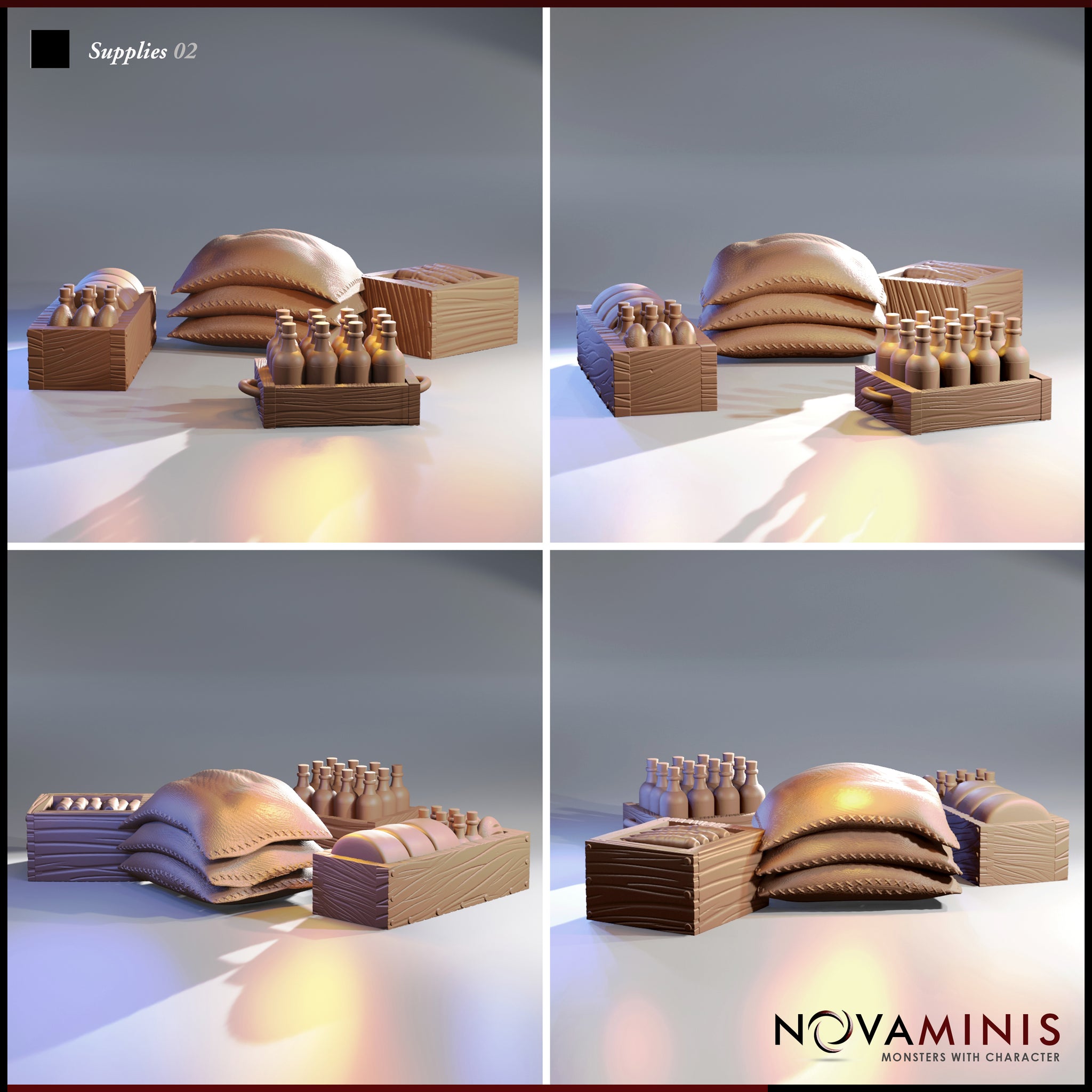 Four-angle digital render of the Novaminis Supplies 02 scatter terrain set showing the wooden crates, grain sack stack, and bottle tray from multiple perspectives, highlighting wood-grain texture, stitched sacking detail, and cork stoppers across all pieces