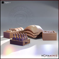 Digital render of Novaminis Supplies 02 scatter terrain set showing a handled bottle tray with twelve stoppered bottles, a wooden crate with bottles and provisions, a stack of three stitched grain sacks, and a separate crate of cylindrical goods, all shown in unpainted warm resin tones