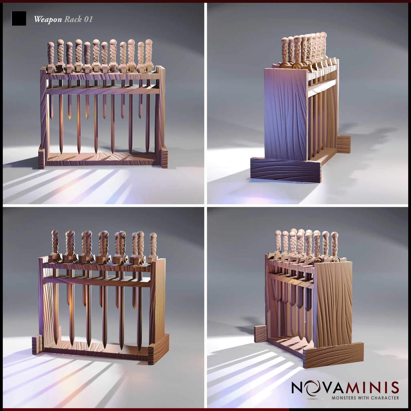 Digital render of the Weapon Rack 01 scatter terrain piece shown from four angles — front, side, low angle, and rear three-quarter — highlighting the open wooden frame construction, seven slotted shortswords, and detailed wood grain texture throughout